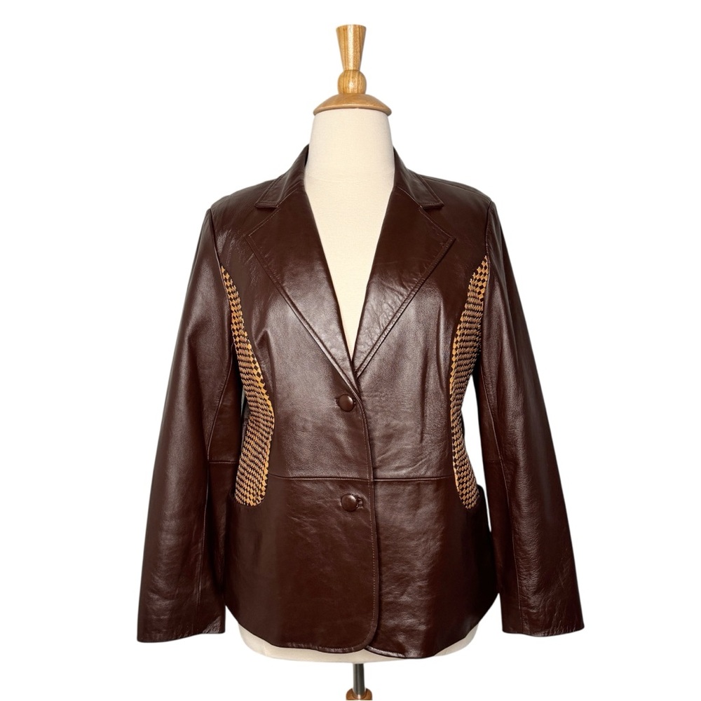 Sharif Studio Jacket Brown Woven Detail Genuine Leather Blazer Coat Size 1X